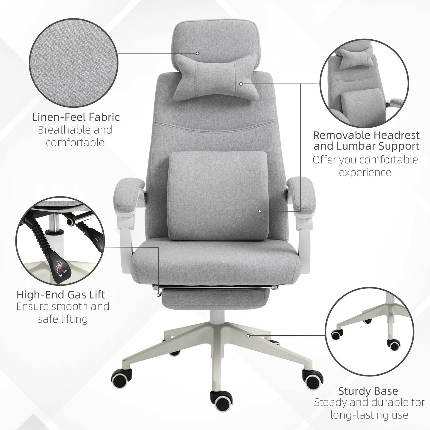 Office Chair, High Back Fabric Work Chair with 160° Reclining Backrest, Retractable Footrest, Neck and Lumbar Pillow