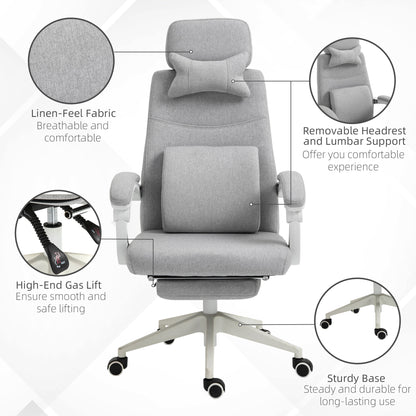 Office Chair, High Back Fabric Work Chair with 160° Reclining Backrest, Retractable Footrest, Neck and Lumbar Pillow