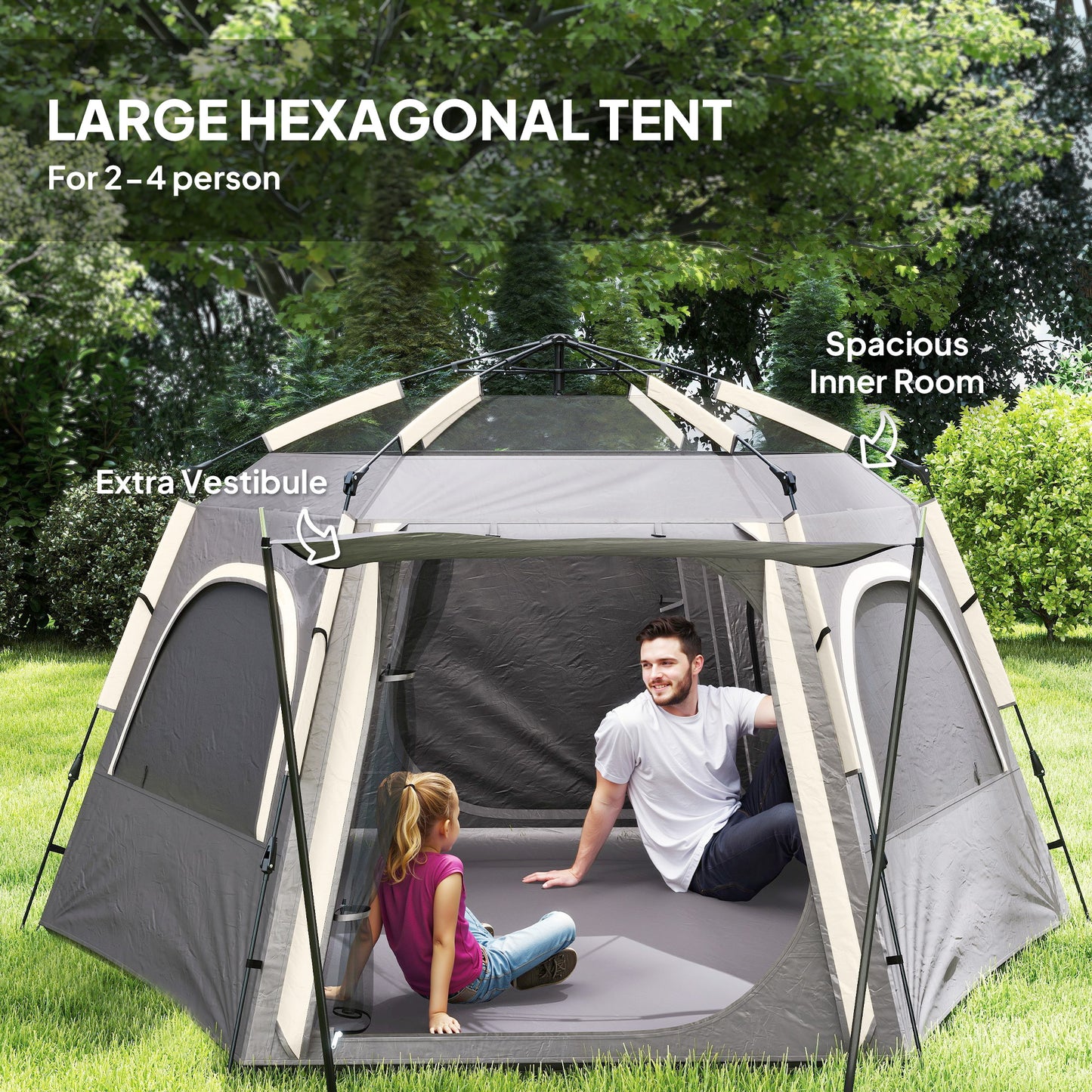 Instant Pop Up Camping Tent, 2/3/4 Person Easy Setup Dome Family Tent with Vestibule, Rainfly, 4 Mesh Windows & 2 Doors