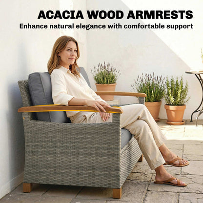 2 Seater Rattan Garden Sofa, Outdoor Sofa with Thickened Cushions and Acacia Wood Armrests, Dark Grey
