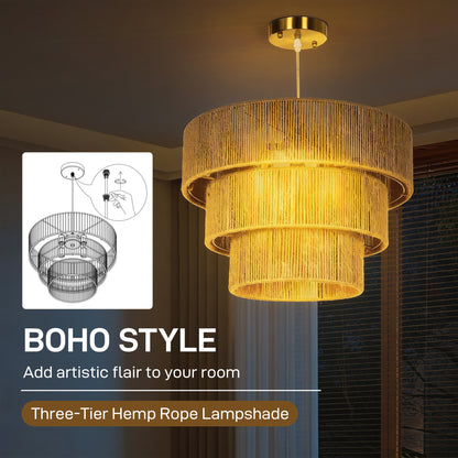 Hemp Rope Ceiling Light, 3-Layer Boho Pendant Light, 4 x E14 Vintage Ceiling Lamp Fixtures for Living Room, Bedroom, Kitchen