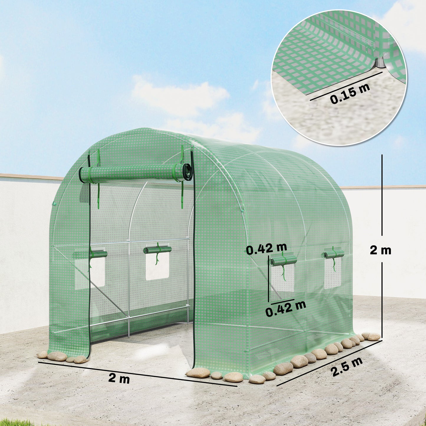 Walk-In Garden Polytunnel Greenhouse with Steel Frame, PE Cover, Roll-Up Door and 4 Windows, 2.5 x 2m, Green