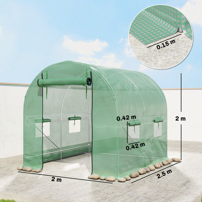 Walk-In Garden Polytunnel Greenhouse with Steel Frame, PE Cover, Roll-Up Door and 4 Windows, 2.5 x 2m, Green
