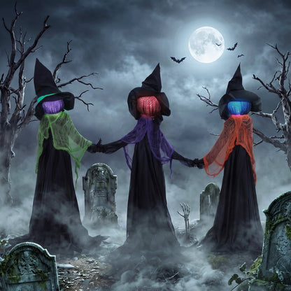 120cm Witches Holding Hands Halloween Decorations Outdoor Indoor, Scary Halloween Witch Decor with Light-Up Heads