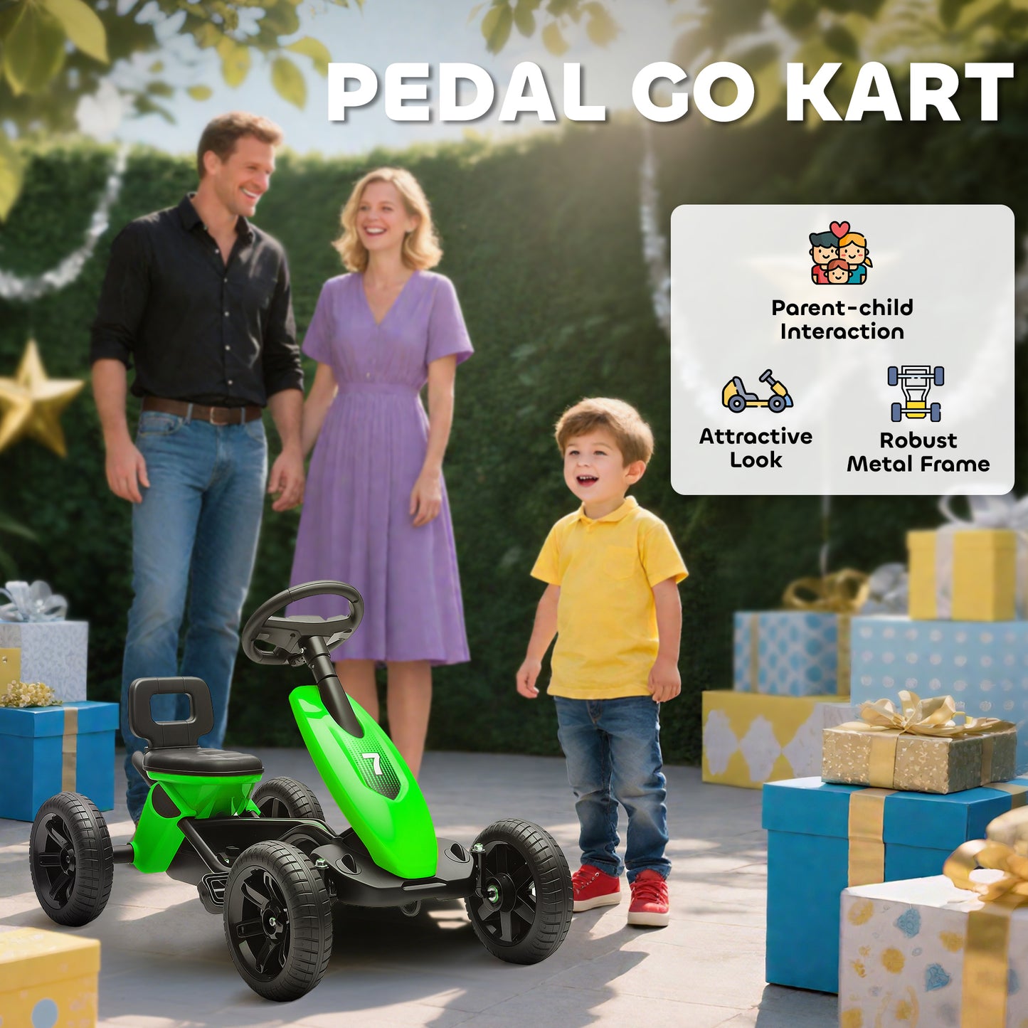 Pedal Go Kart for Kids 2-5 Years, with Silent EVA Wheels, Metal Frame, Green