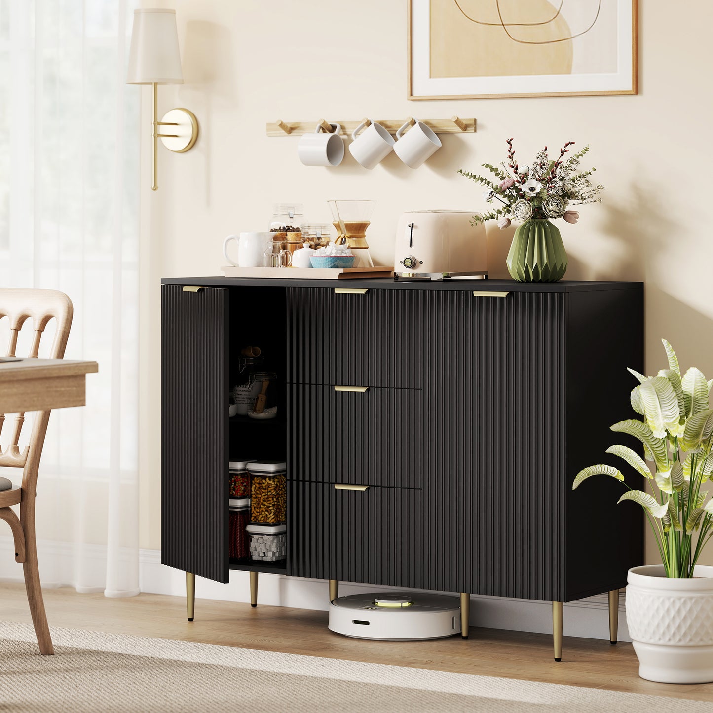 2-Door Sideboard with 3 Drawers and Adjustable Shelves - Black