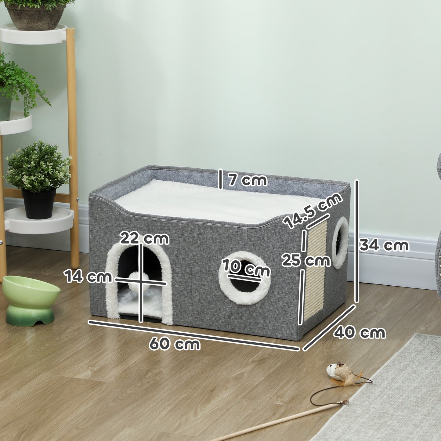 Cat Bed for Indoor Pets, Foldable Cat House with Fluffy Ball and Scratch Pad for Small and Medium Pets, Grey