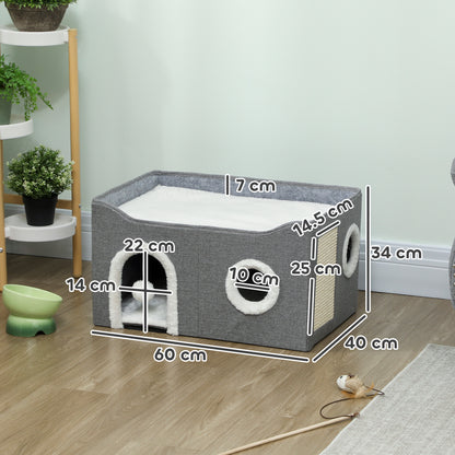 Cat Bed for Indoor Pets, Foldable Cat House with Fluffy Ball and Scratch Pad for Small and Medium Pets, Grey