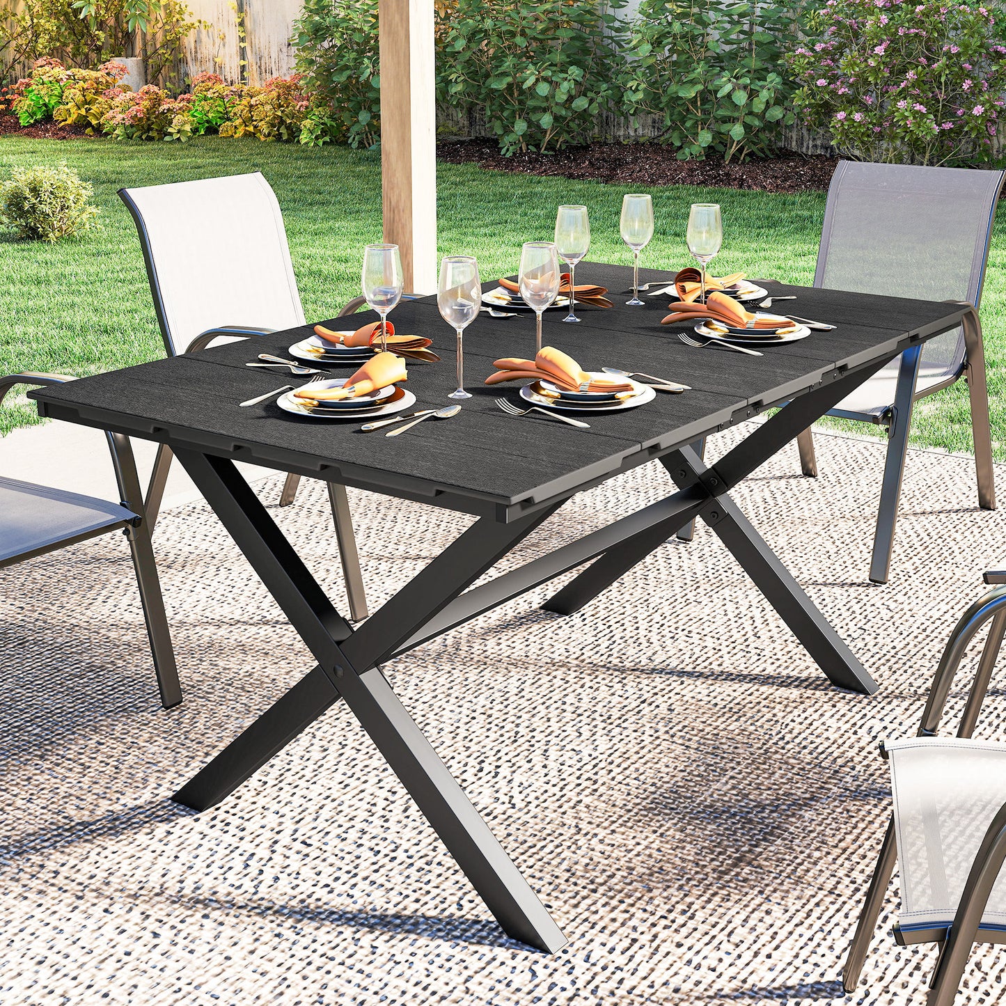 Garden Dining Table for 6, Rectangular Outdoor Table with Wood Effect HDPE Top, X-Shaped Metal Legs, Black
