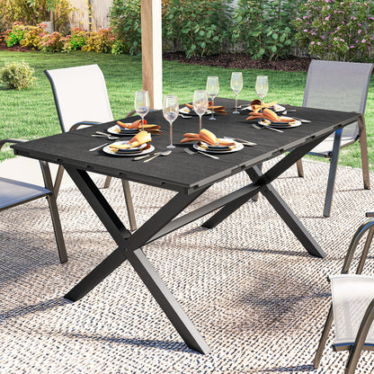 Garden Dining Table for 6, Rectangular Outdoor Table with Wood Effect HDPE Top, X-Shaped Metal Legs, Black