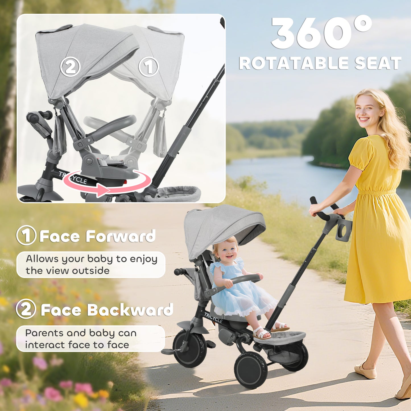 6 in 1 Foldable Kids Trike with Adjustable Parent Handle & Canopy for Ages 1-5, Grey