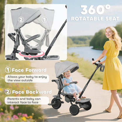 6 in 1 Foldable Kids Trike with Adjustable Parent Handle & Canopy for Ages 1-5, Grey