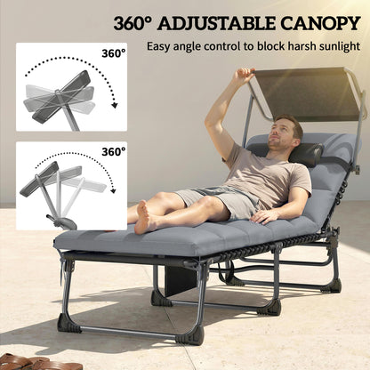 Folding Sun Loungers Set of 2 with Canopy, Reclining Sunbed with Cushion, Side Pocket, Carrying Handle, Light Grey