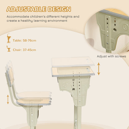 Height Adjustable Kids Desk and Chair Set with Storage Compartment, Bag Hook and Pen Holder, for 6-12 Years, Grey