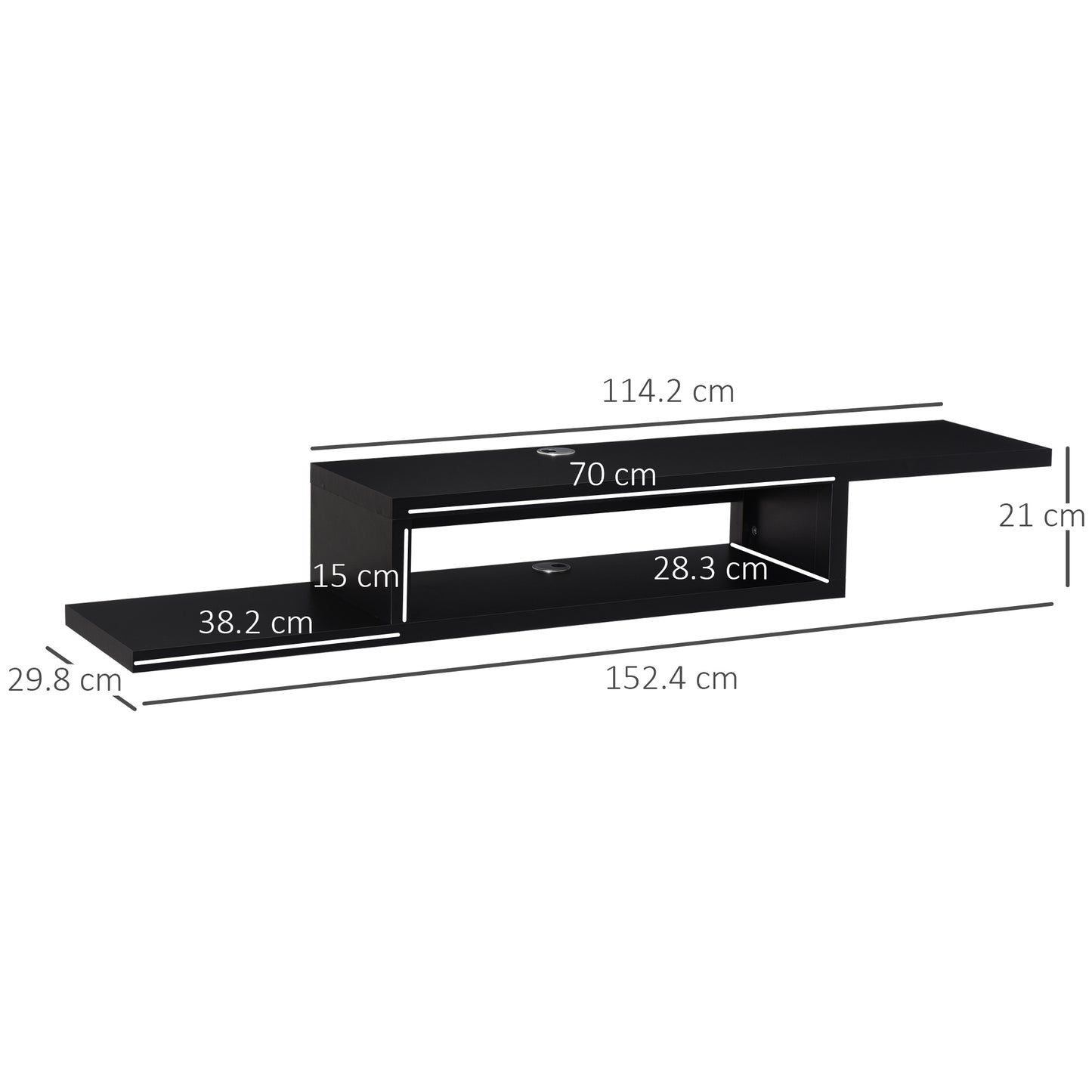 Floating TV Unit, Wall Mounted TV Stand with Open Shelf and 2 Cable Holes, Entertainment Unit for Living Room, Black