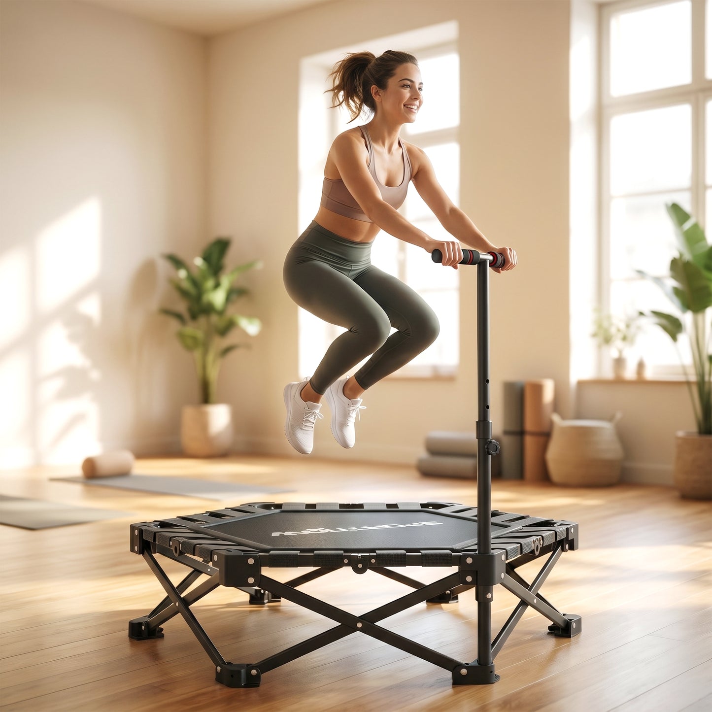 42" Foldable Mini Trampoline, One-Step Fold & Open, Rebounder Trampoline with 3-Level Adjustable Handle for Adults