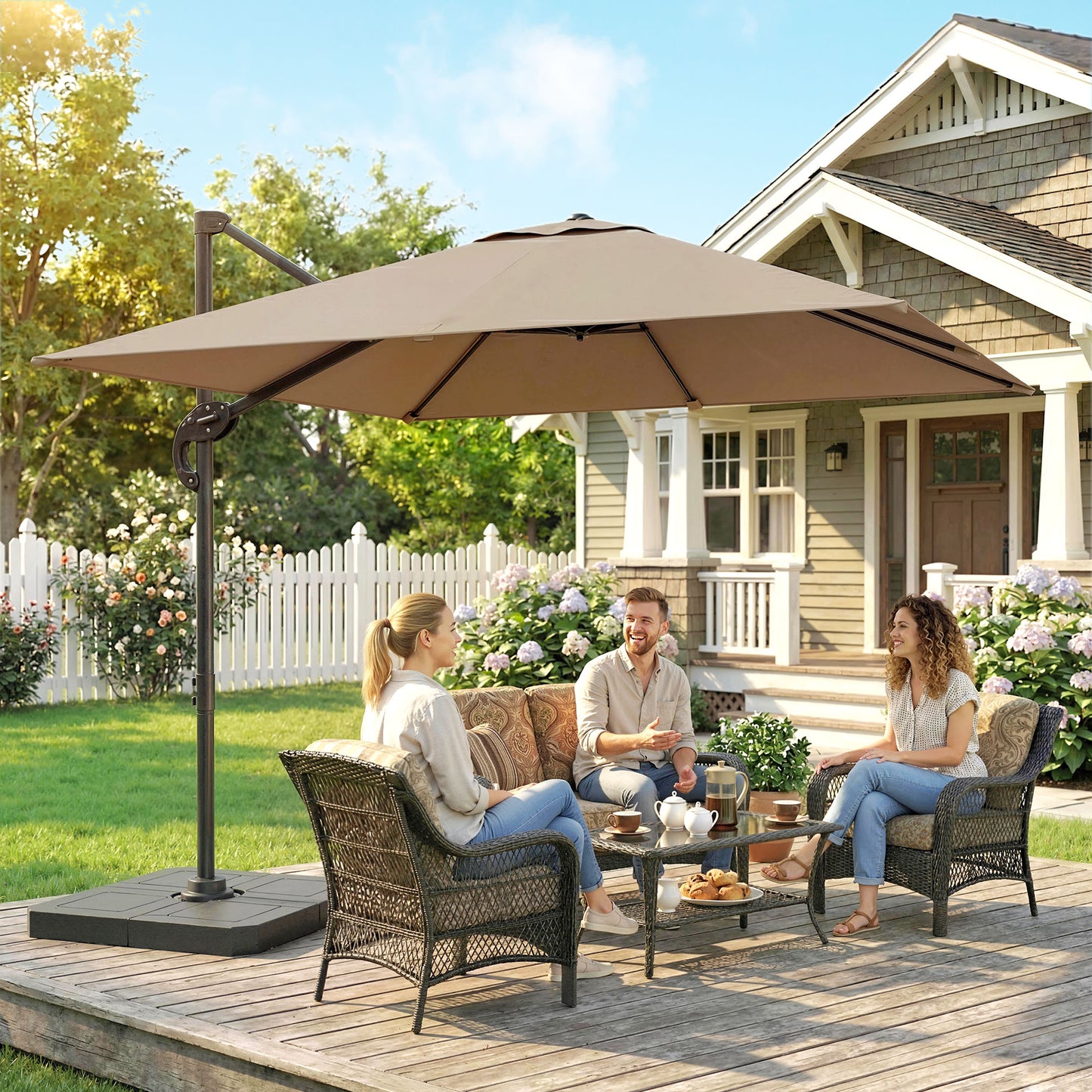 2.4 x 2.4 m Cantilever Parasol with Umbrella Weights, UPF50+ Offset Outdoor Umbrella w/ Easy Tilt Adjustment, Khaki