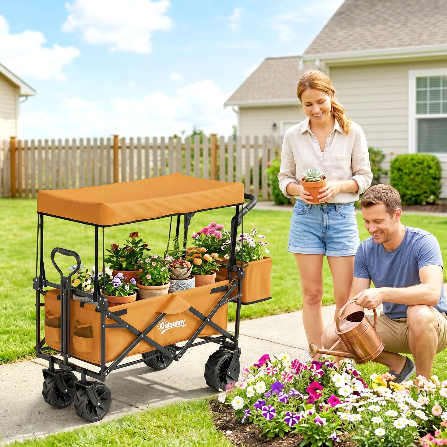 180L Festival Trolley on Wheels, Push & Pull Beach Cart with Removable Canopy, Wide All-Terrain Wheels