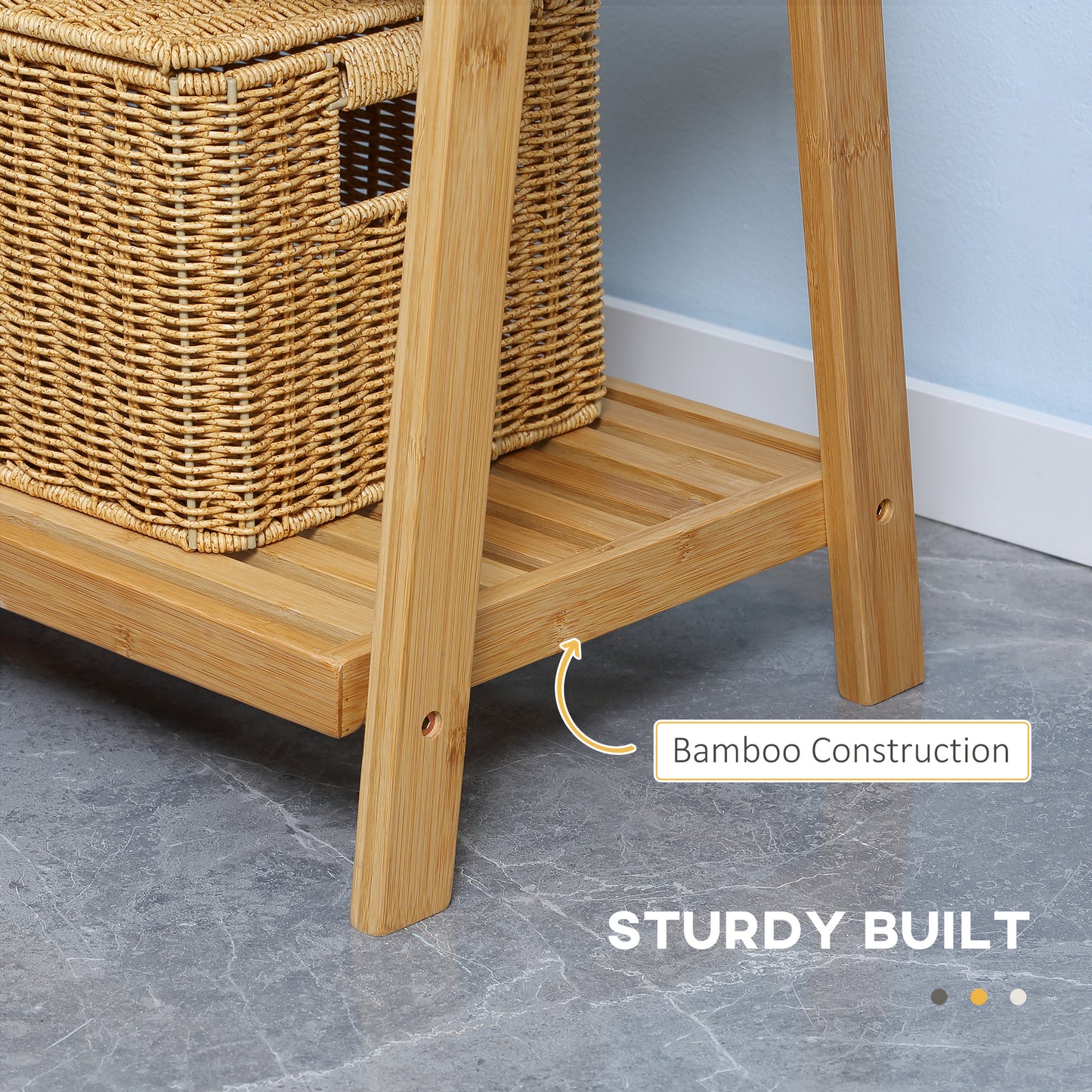 Freestanding Natural Bamboo Towel Rack with 3 Towel Rails and 3 Storage Shelves