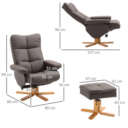 PU Leather Swivel Recliner Chair with Footstool, Wooden Base and Storage for Living Room, Brown