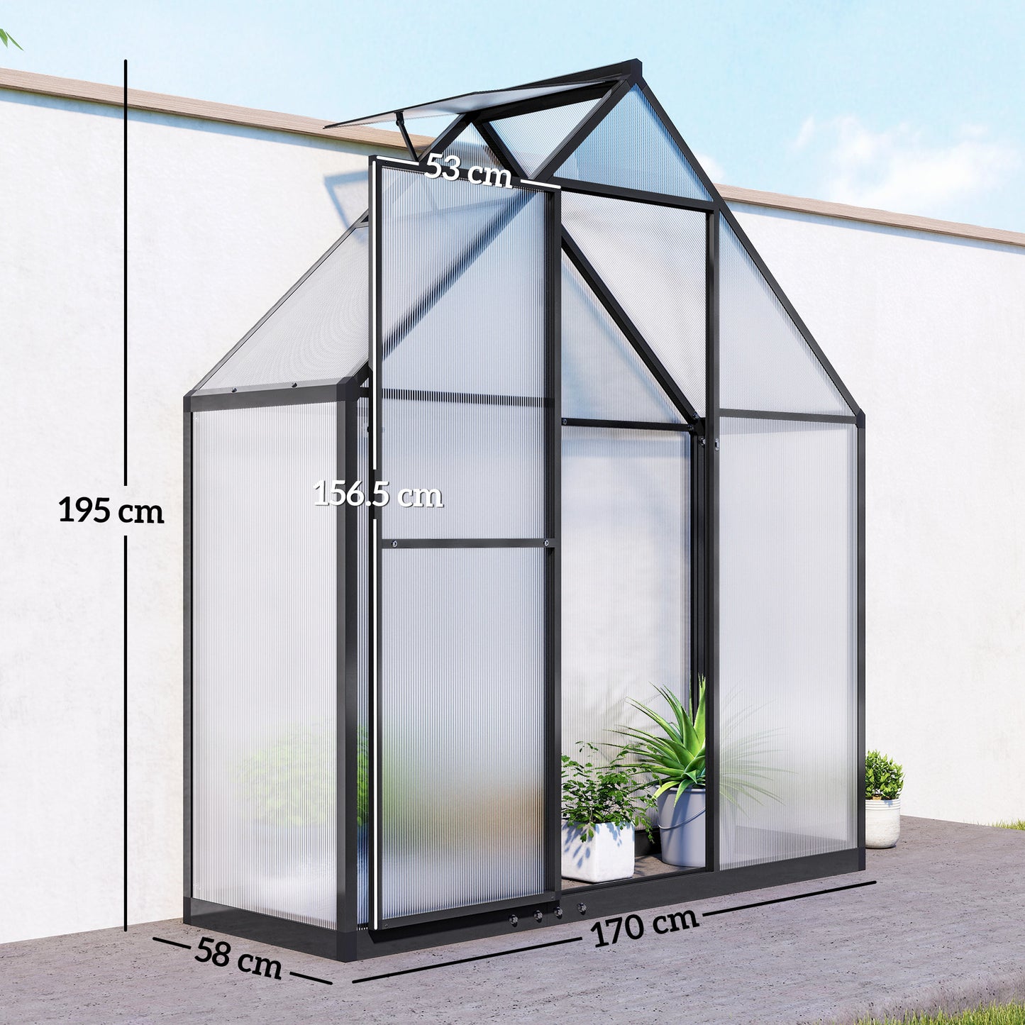 Polycarbonate Greenhouse with Swing Door and Adjustable Window, Walk-in Greenhouse, 5.5 x 2ft, Black