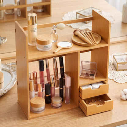 Desk Organiser Compartments Desktop Bookshelf Stationery Storage Shelf Document File Holder with 2 Drawers 2-way Reversed Use