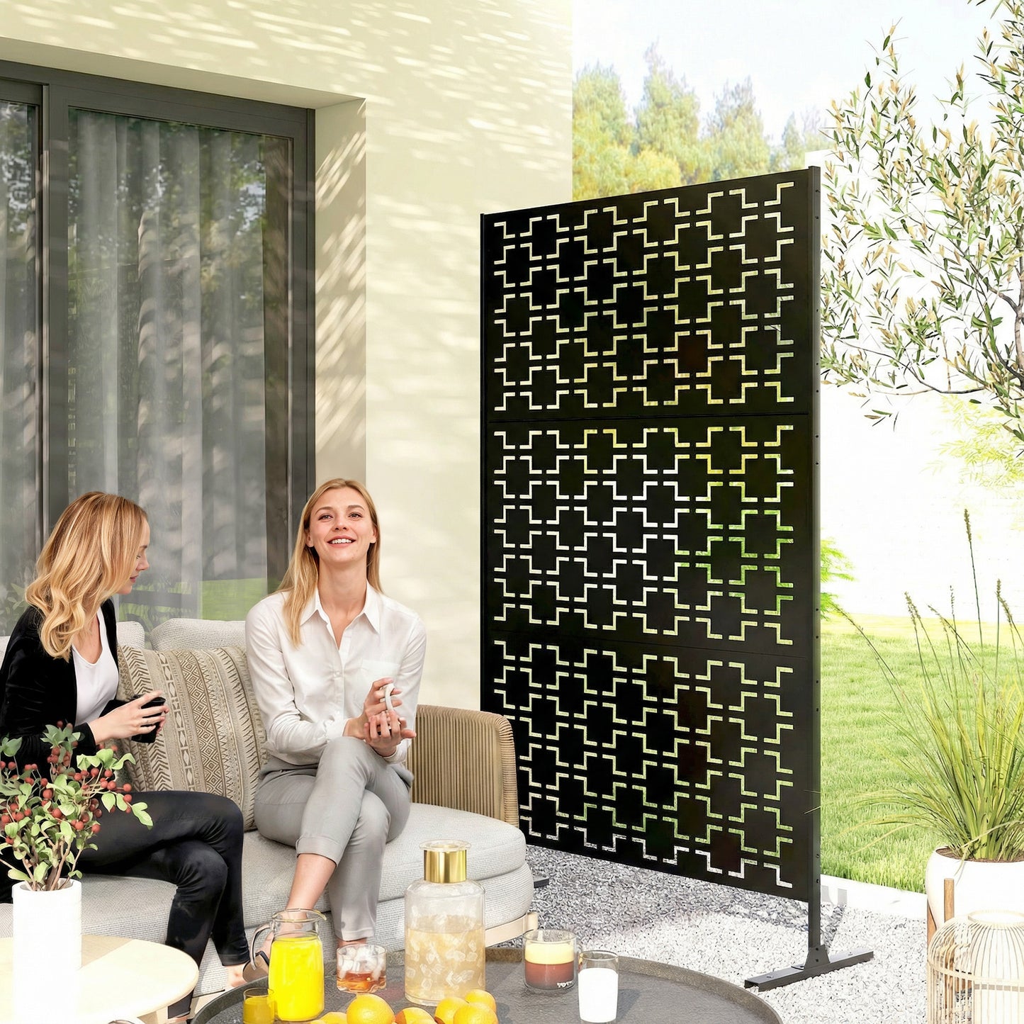 Metal Decorative Privacy Screen Outdoor Divider, Black Grid