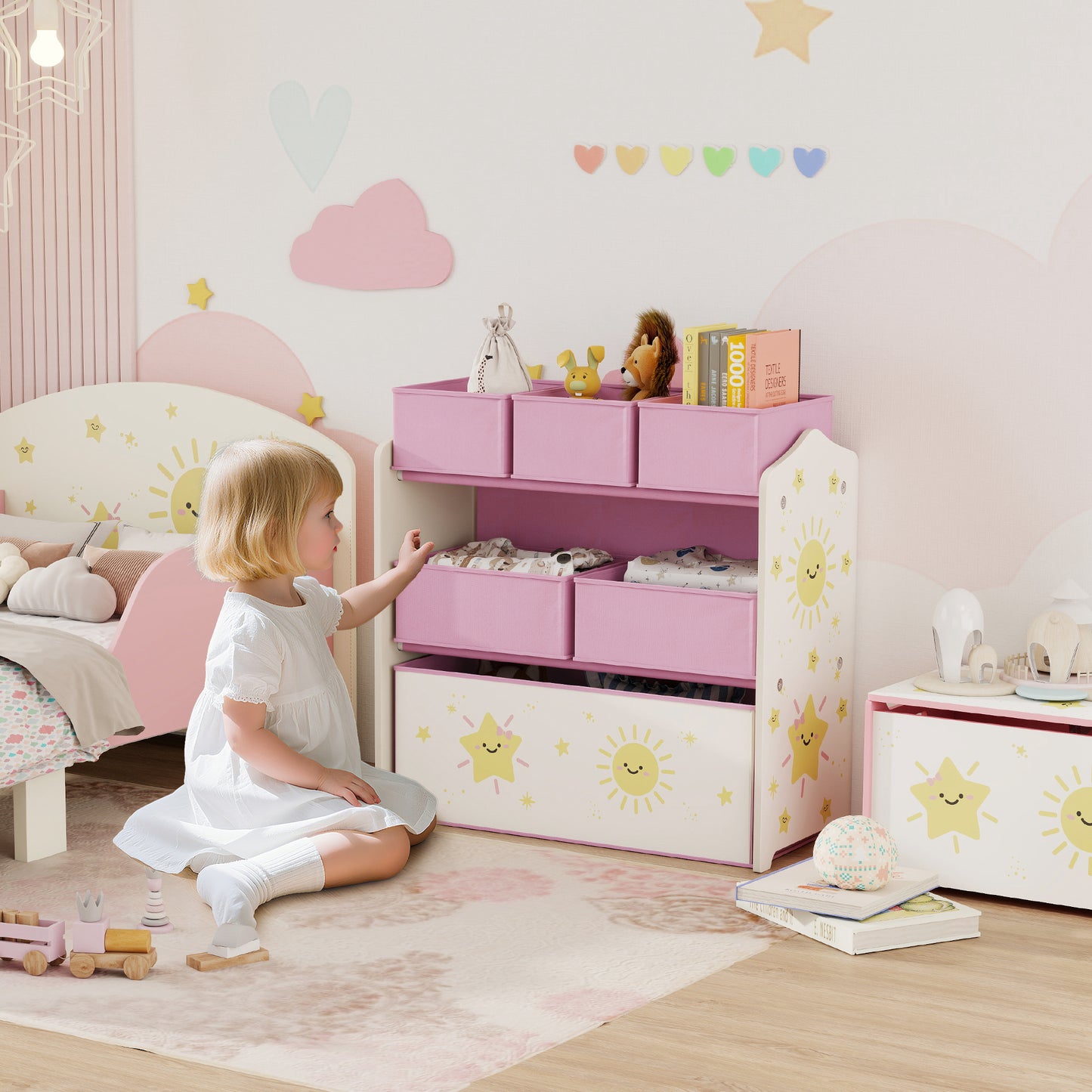 Kids Toy Storage Units, 3-Tier Toy Organiser Shelf with 6 Removable Boxes for Kids, Bedroom, Playroom, Pink