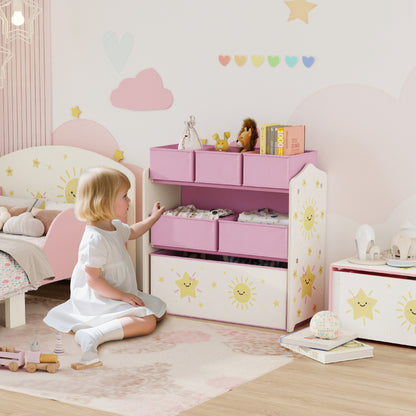 Kids Toy Storage Units, 3-Tier Toy Organiser Shelf with 6 Removable Boxes for Kids, Bedroom, Playroom, Pink