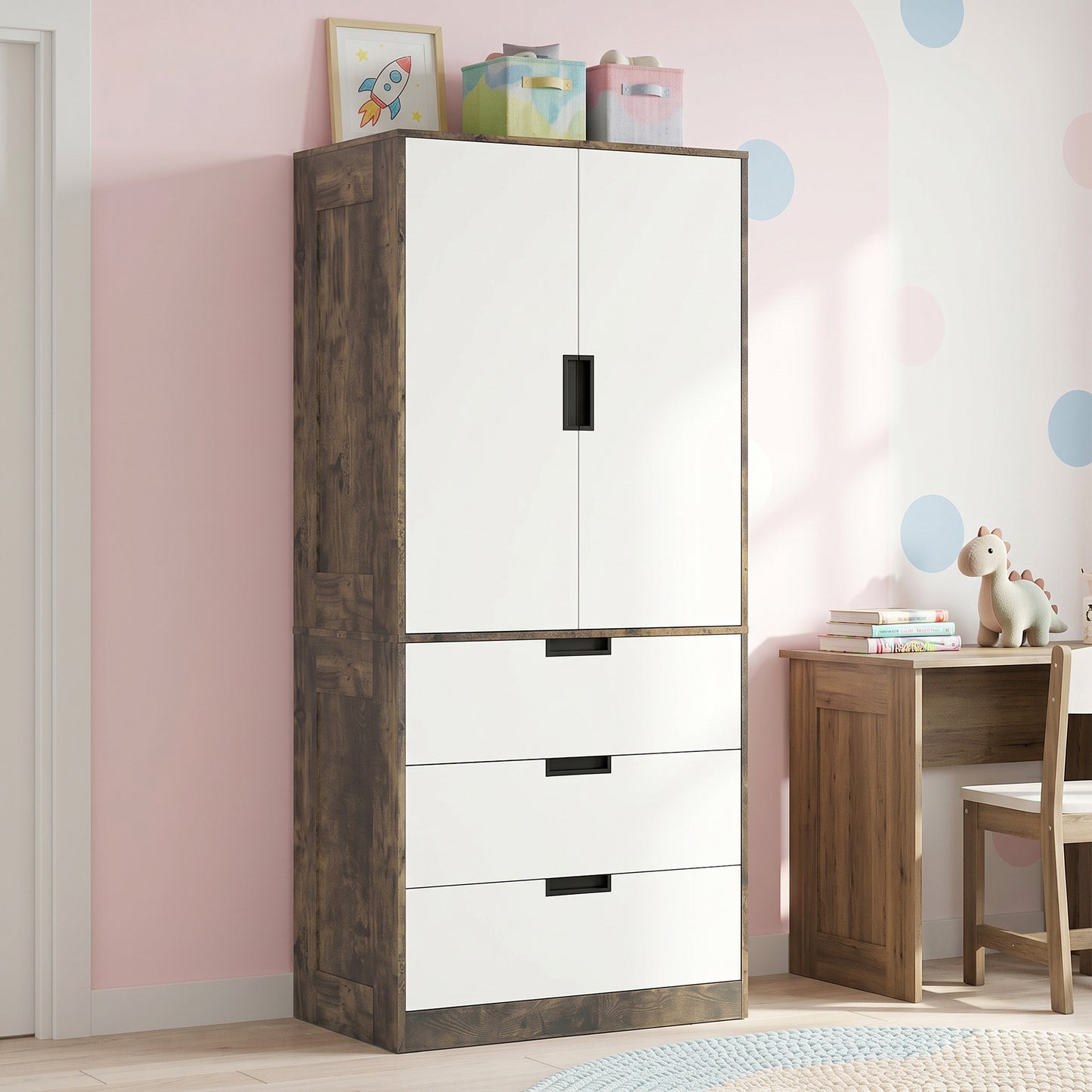 Modern Clothes Storage Cupboard Unit, 3 Drawer 2 Door Wardrobe with Hanging Rod, Rustic Brown