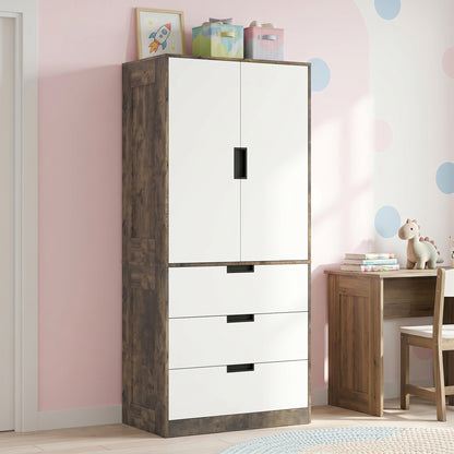 Modern Clothes Storage Cupboard Unit, 3 Drawer 2 Door Wardrobe with Hanging Rod, Rustic Brown