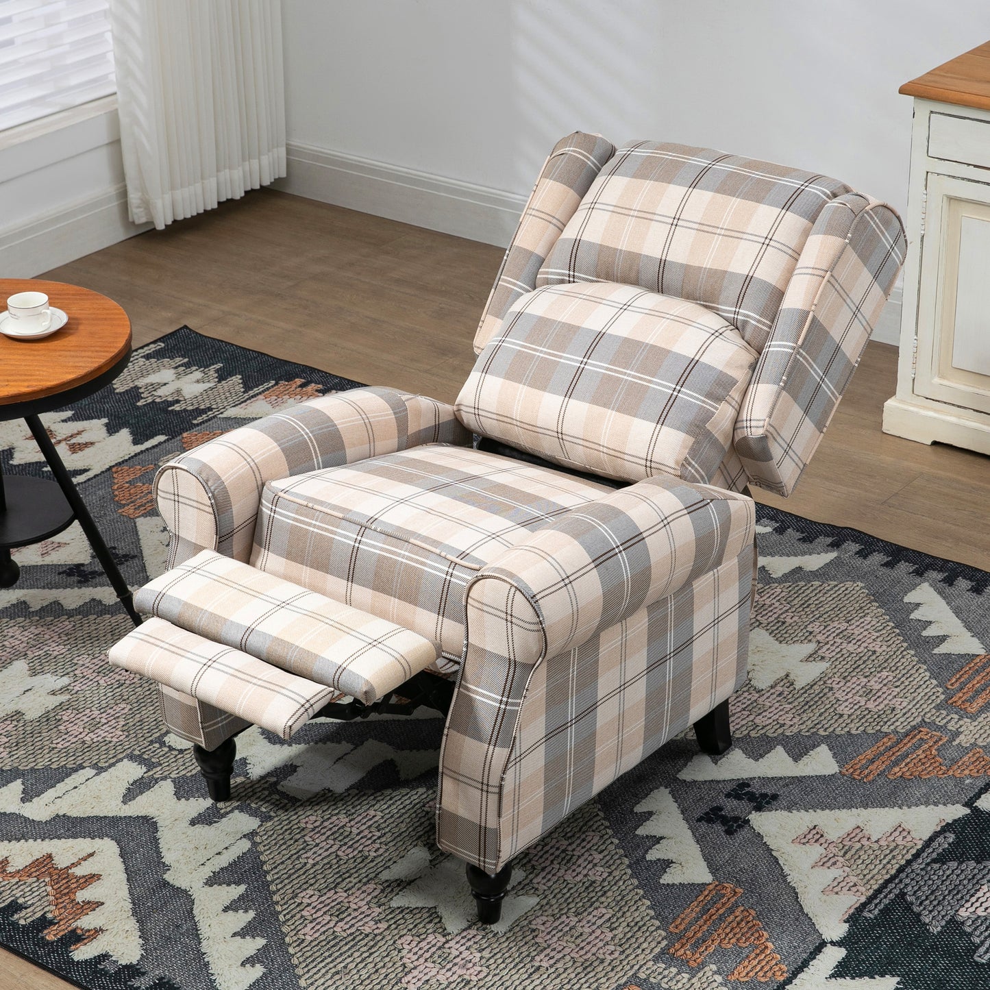 Wingback Recliner Armchair for Living Room, Pushback Reclining Chair with Round Armrests, Footrest and Rubber Wood Legs