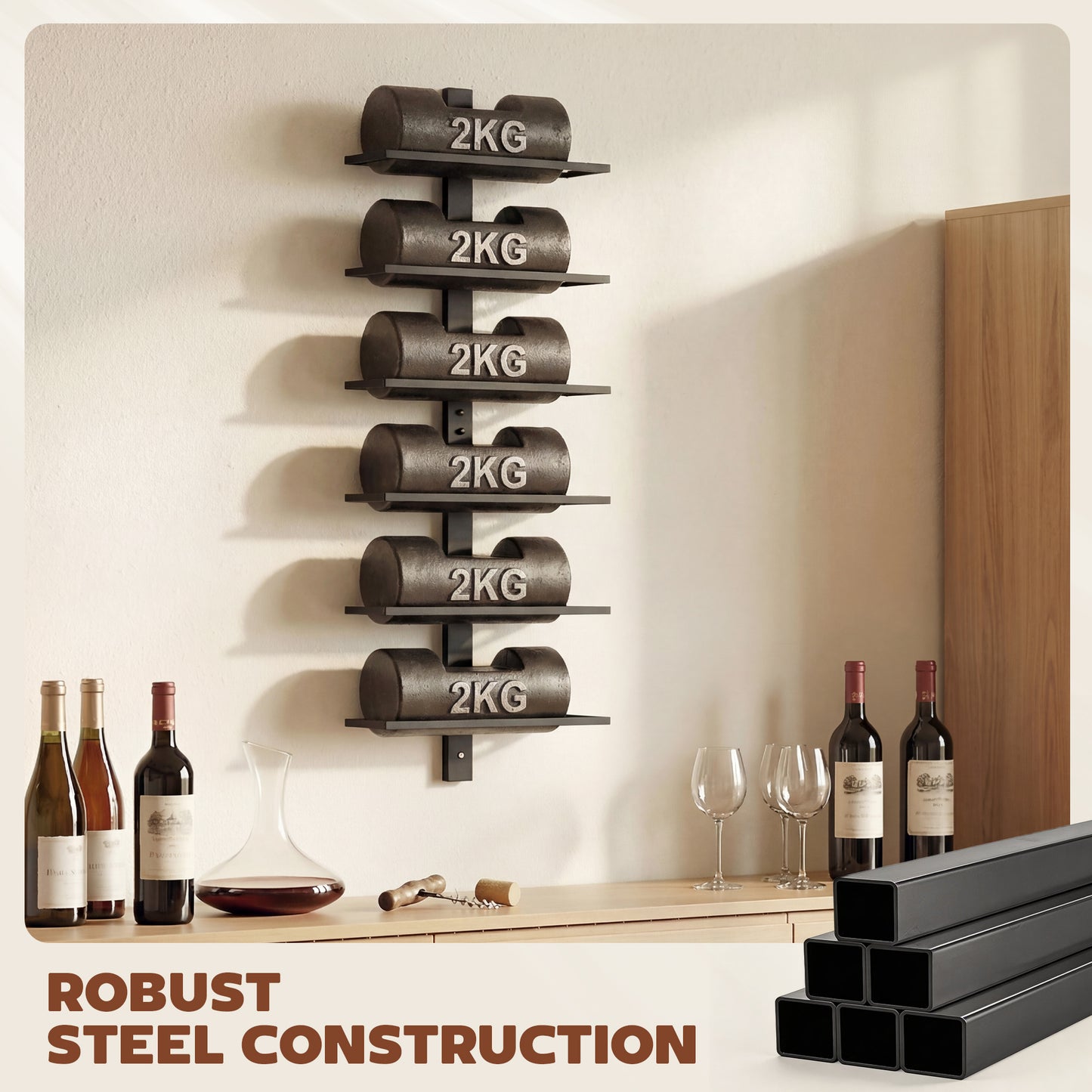 Wall Mounted Wine Rack, 6 Tier Metal Wine Display Rack, Storage Holder for Kitchen, Black