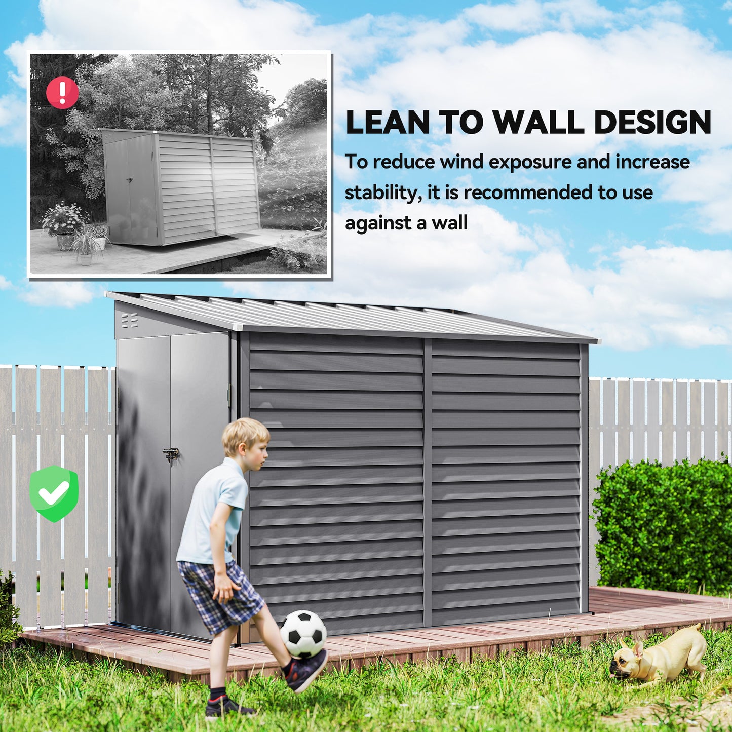5 x 9ft Galvanised Metal Garden Shed with Foundation Kit, Outdoor Lean-to Shed, Tool Storage House for Garden, Grey