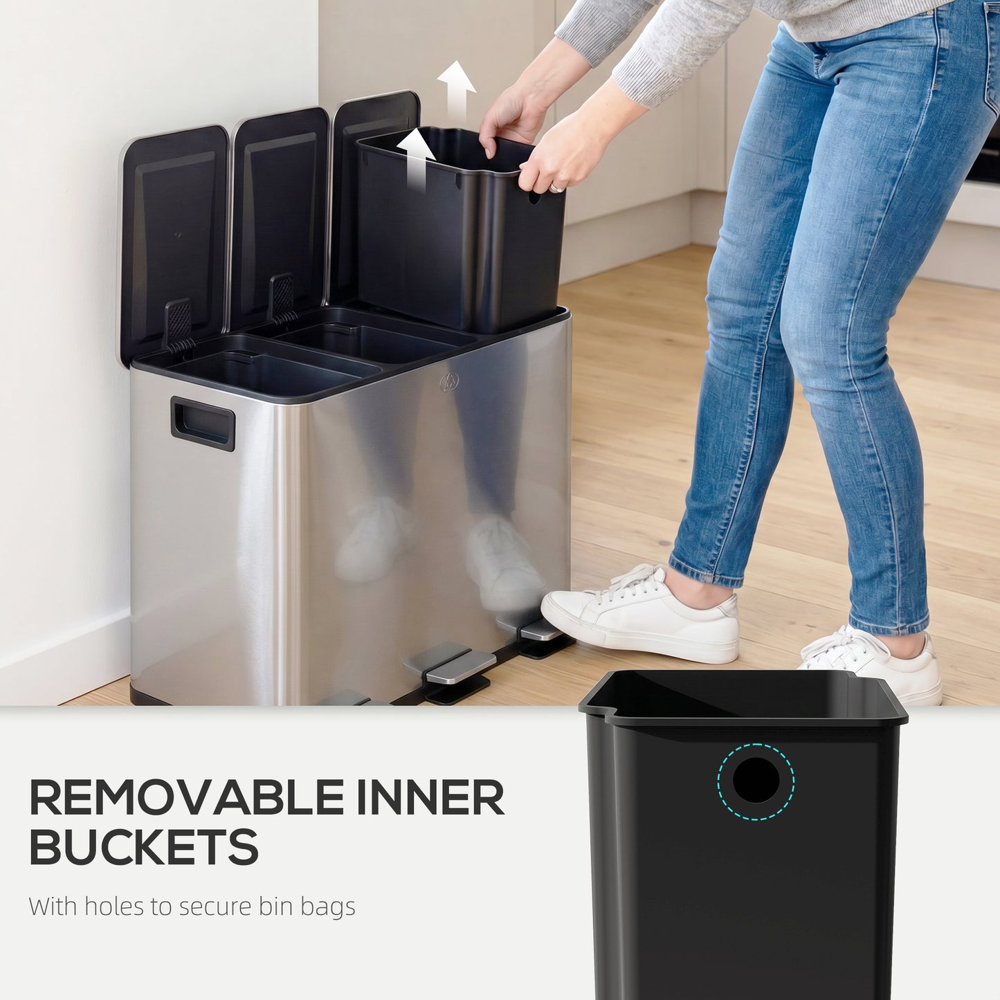 3 x 20L Pedal Bin, Steel Triple Kitchen Bin with Soft Close Lid, Removable Inner Buckets, Fingerprint-Proof, Silver Tone