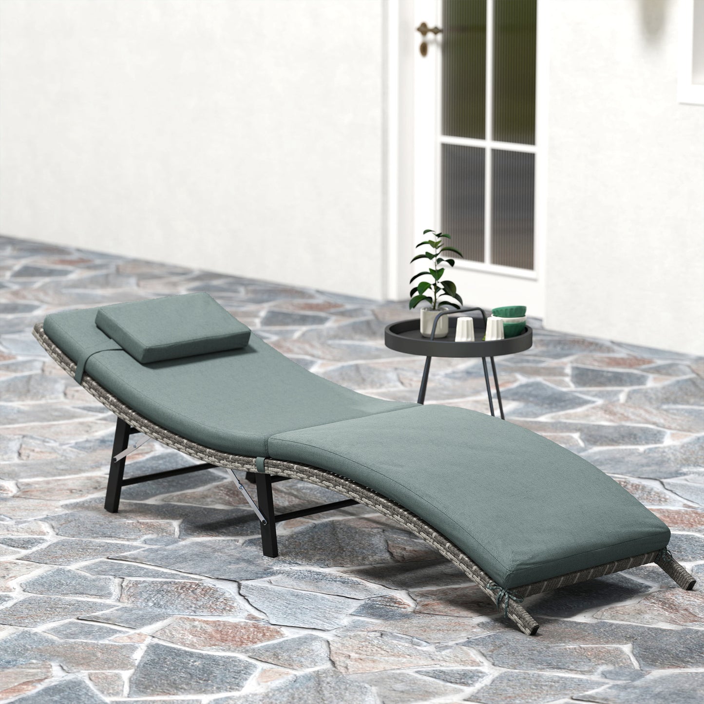 Rattan Folding Sun Lounger Outdoor Chair with Cushion and Pillow Mixed Grey
