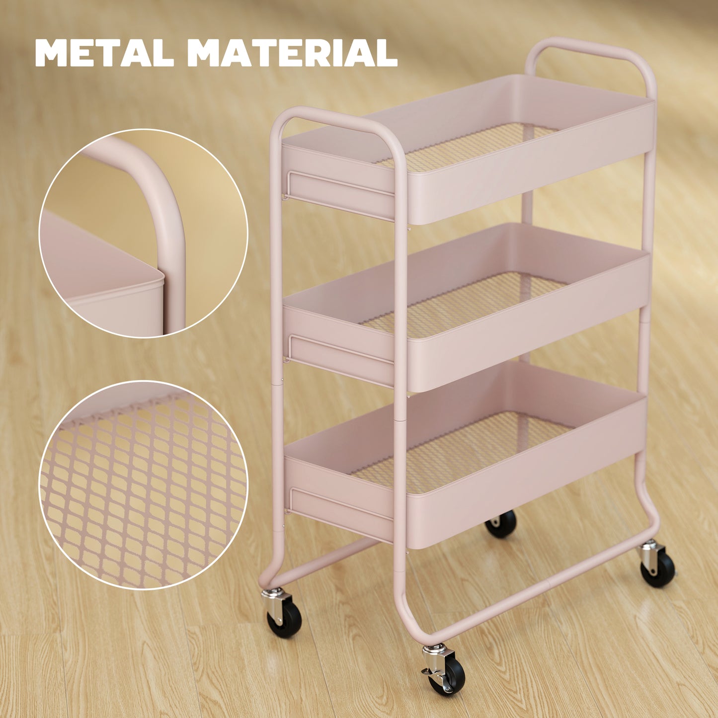 3-Tier Storage Trolley on Wheels, Rolling Utility Cart with Mesh Backets for Kitchen, Bathroom, Bedroom, Light Pink