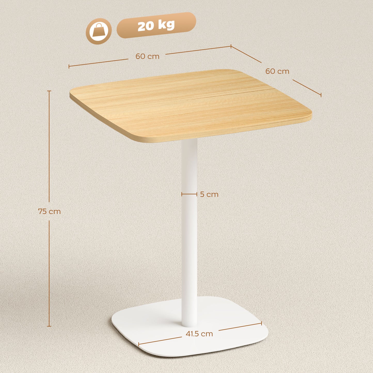 Small Dining Table, 60 cm Square Kitchen Table with Wood-veneer Top and Steel Base - Natural Wood Finish