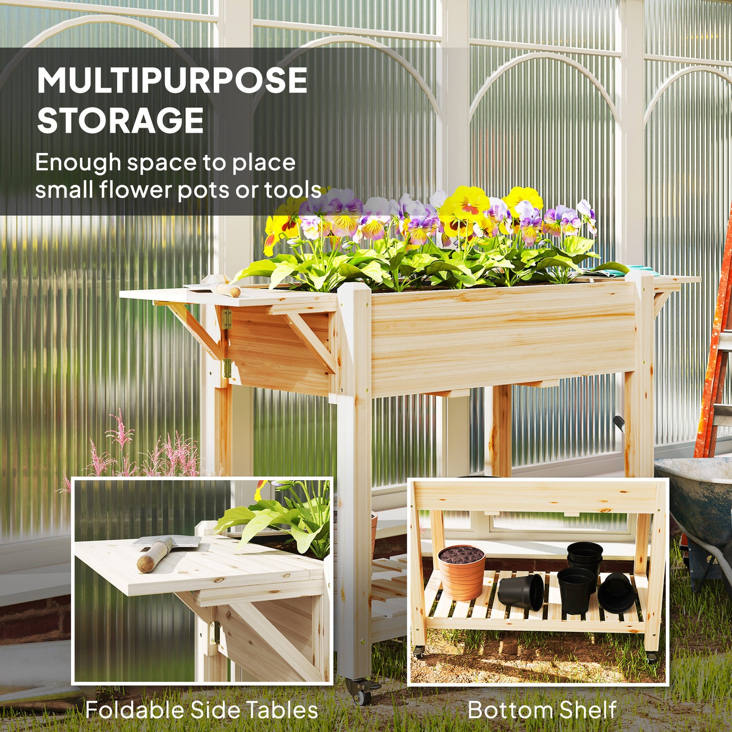 46 x 94cm Wooden Raised Planter, with Shelves - Natural Finish