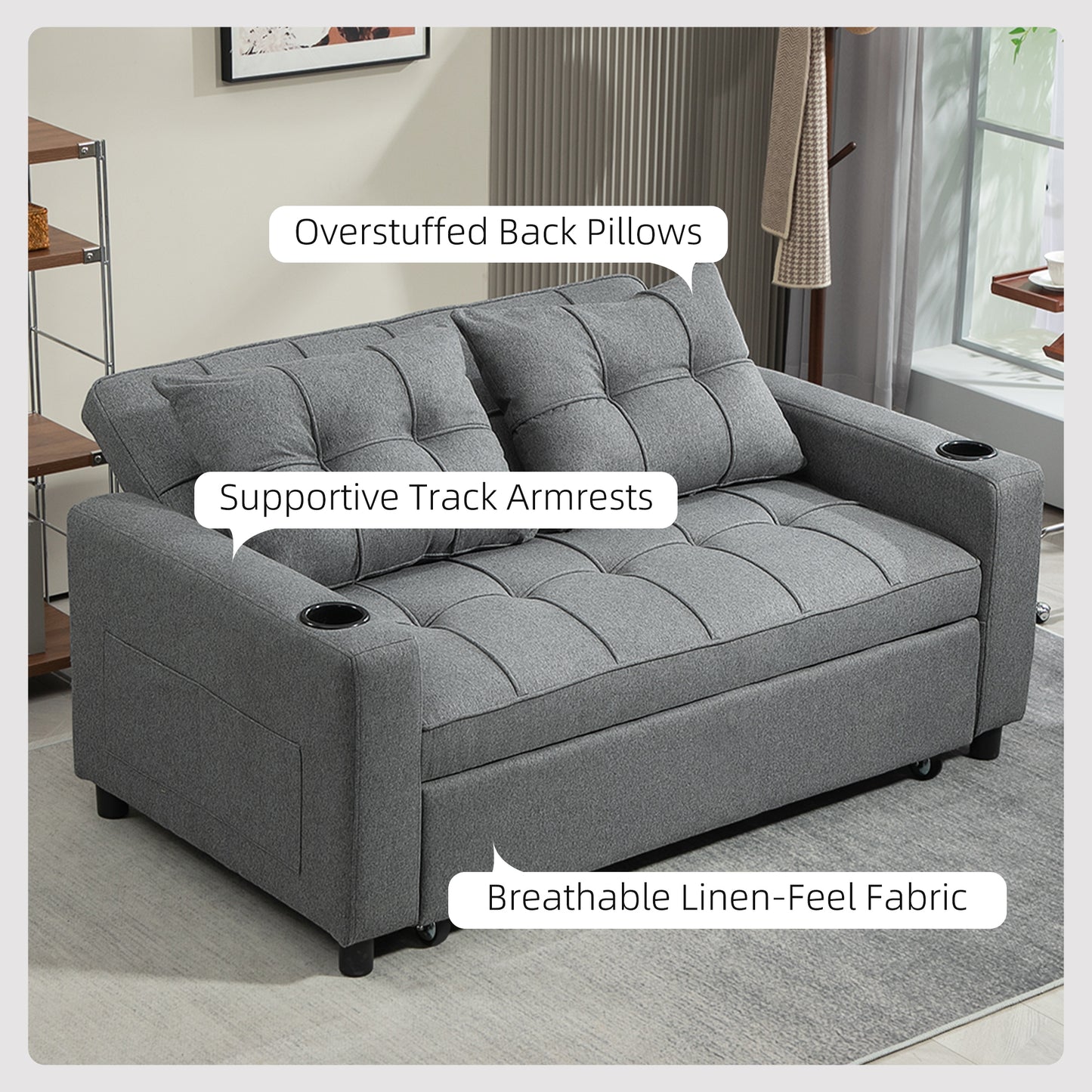 2 Seater Sofa Bed Pull-Out Sofa Bed for Small Space - Charcoal Grey