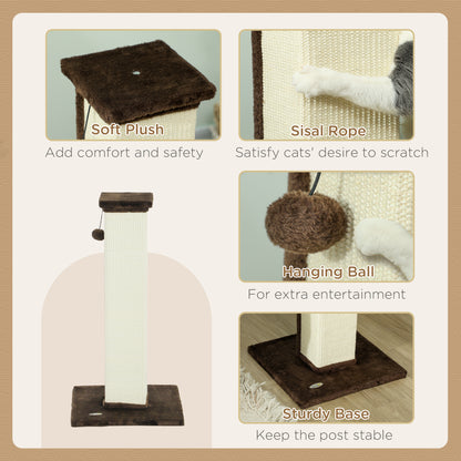 81cm Cat Scratcher, Vertical Full Scratcher w/ Natural Sisal Rope, Hanging Ball, Soft Plush - Brown