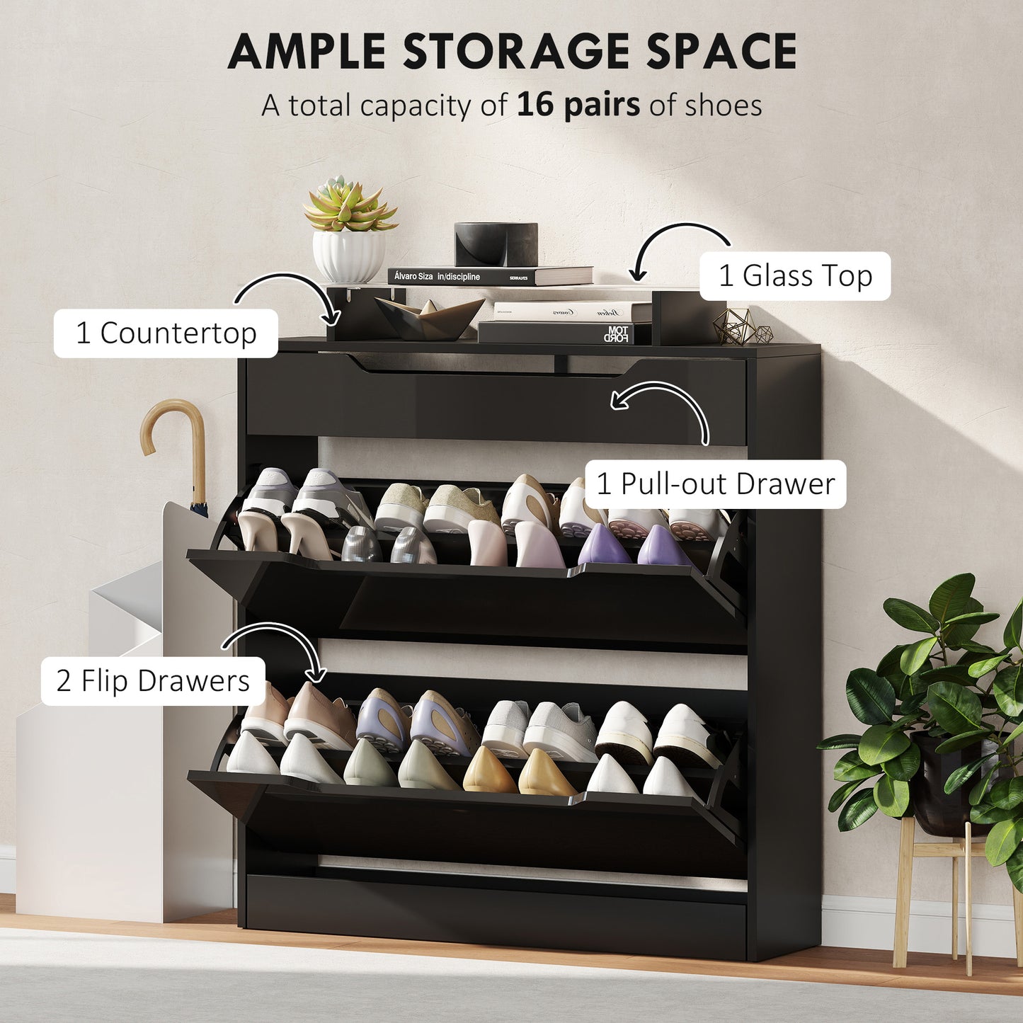Shoe Storage Cabinet with Slide Out Drawer, 2 Flip Doors, Tempered Glass Top - Black
