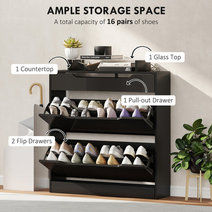 Shoe Storage Cabinet with Slide Out Drawer, 2 Flip Doors, Tempered Glass Top - Black