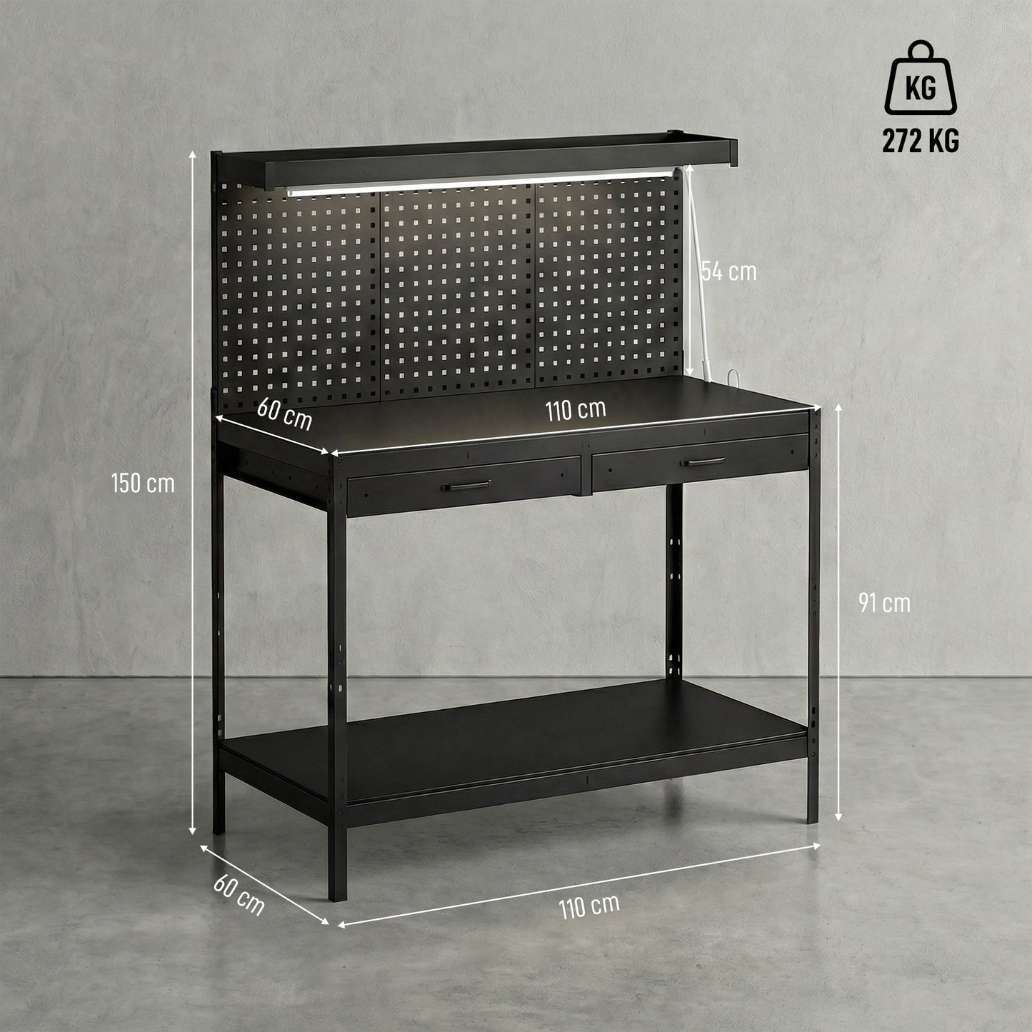 110 cm Workbench with Pegboard, Heavy Duty Work Table with Power Strip and LED Light, Black
