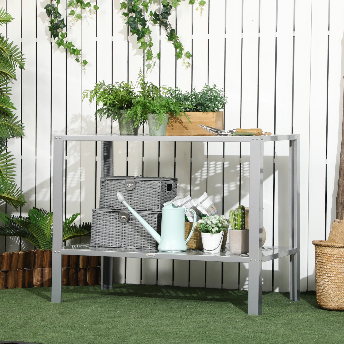 2-Tier Plant Stand, Corner Plant Shelf for Outdoor and Indoor Storage Organizer, Freestanding Flower Rack with Steel Frame