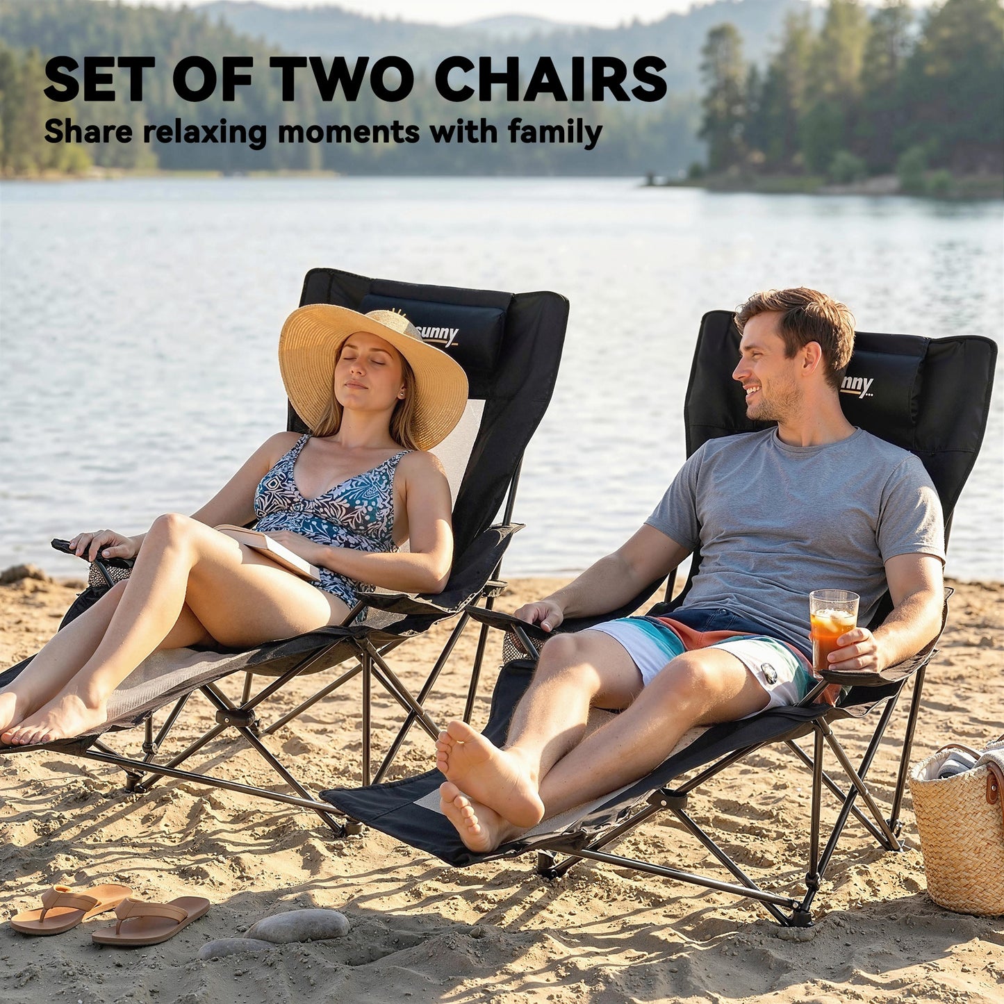 Camping Chair Reclining Portable Camp Chair with Detachable Footrest Cup Holder Black