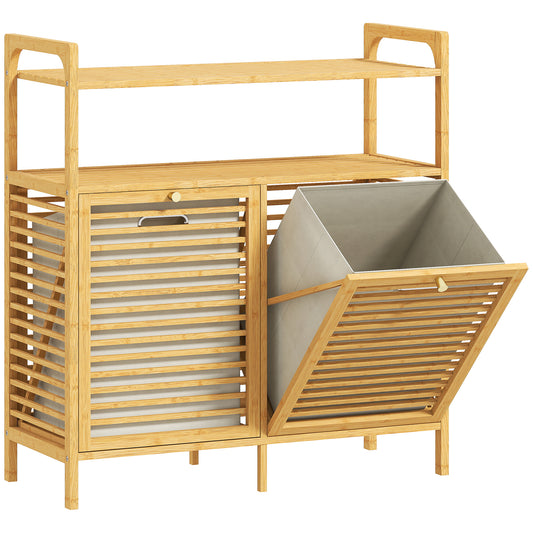 Double Tilt Out Bamboo Laundry Cabinet, Freestanding Bathroom Cabinet with 2 Removable Baskets, Natural