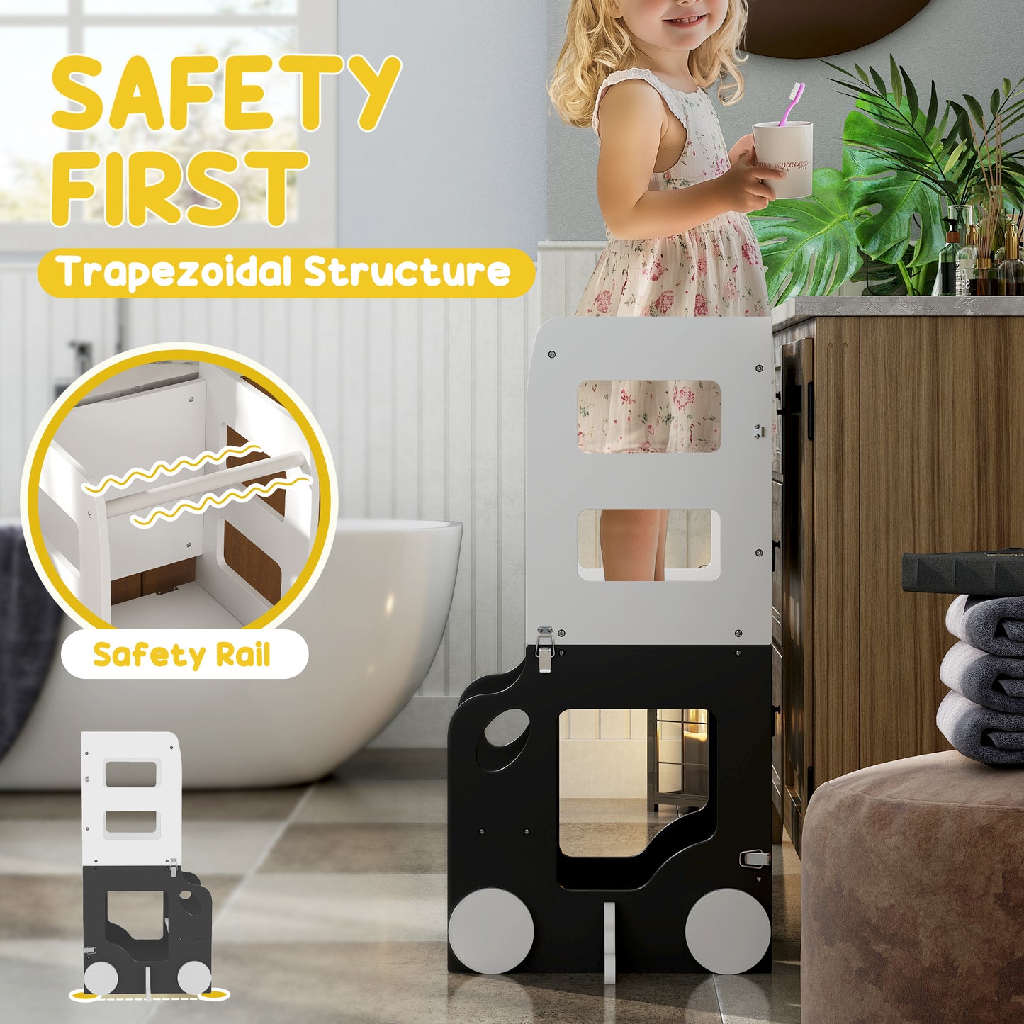 Toddler Step Stool, 4 in 1 Standing Tower, Foldable Toddler Step with Safety Rail, for Kitchen, Bathroom, Grey