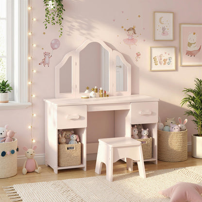 Kids Dressing Table, Kids Vanity Table and Chair Set with Tri-Folding Mirror, 2 Drawers, 2 Cabinets for Girls 3+, Pink