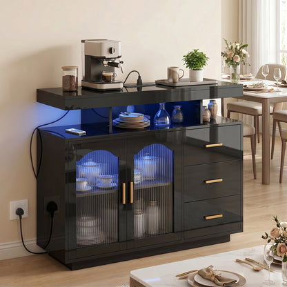 High Gloss Sideboard with LED Lights, Built-in Power Outlets, 3 Drawers, Shelves and 2 Acrylic Doors, Black